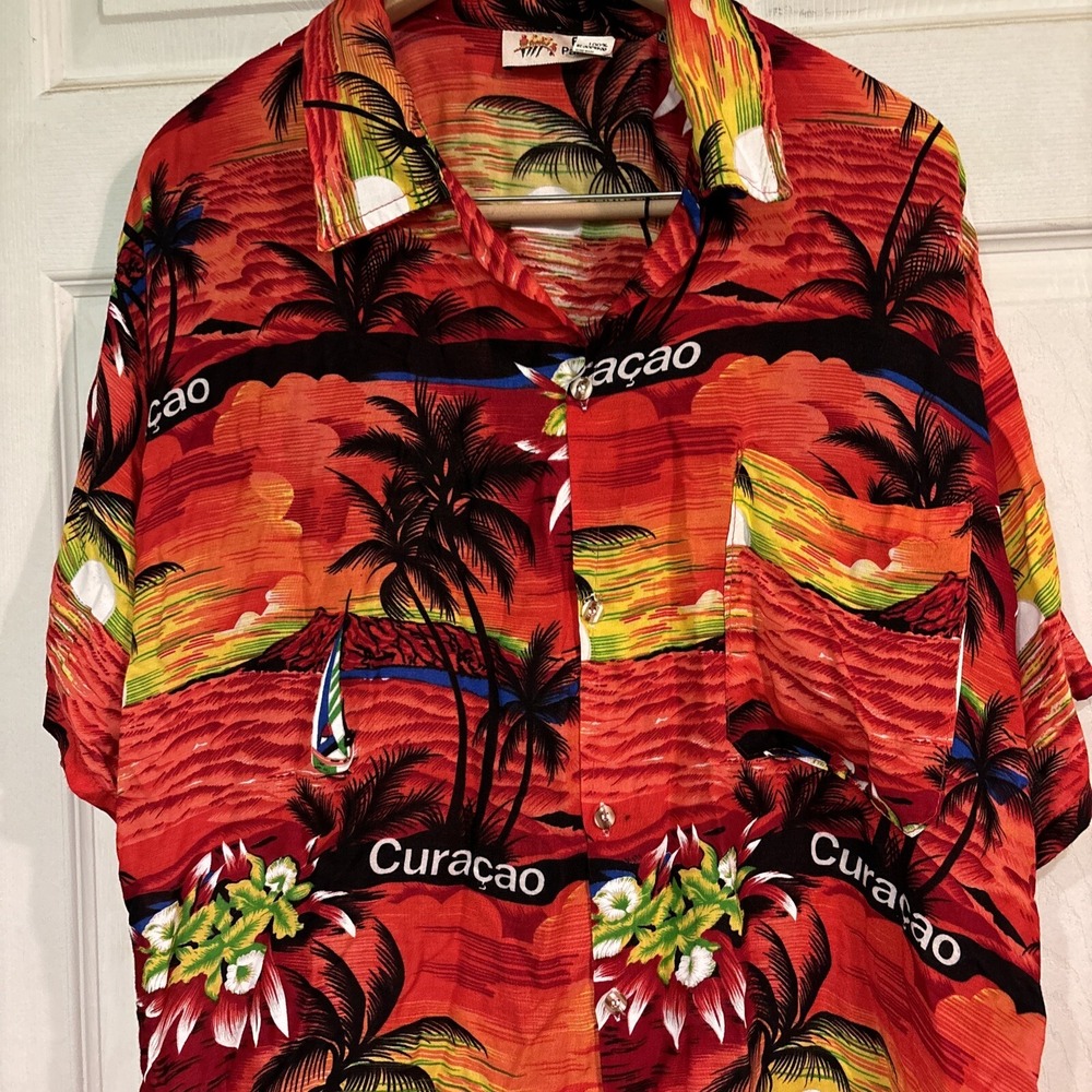 Five Parrots Shirt Mens Orange Rayon Hawaiian Curacao Scenic Aloha L/XL *Read*